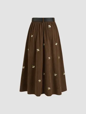 Floral Embroidered Corduroy Maxi Skirt